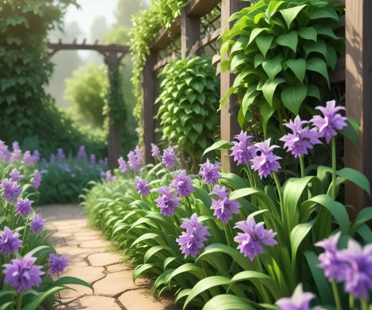 Lush green garlic vine with vibrant purple flowers climbing a trellis.