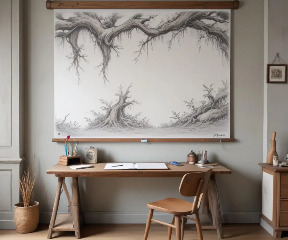 A large white magnetic board mounted on a light gray apartment wall above a wooden desk