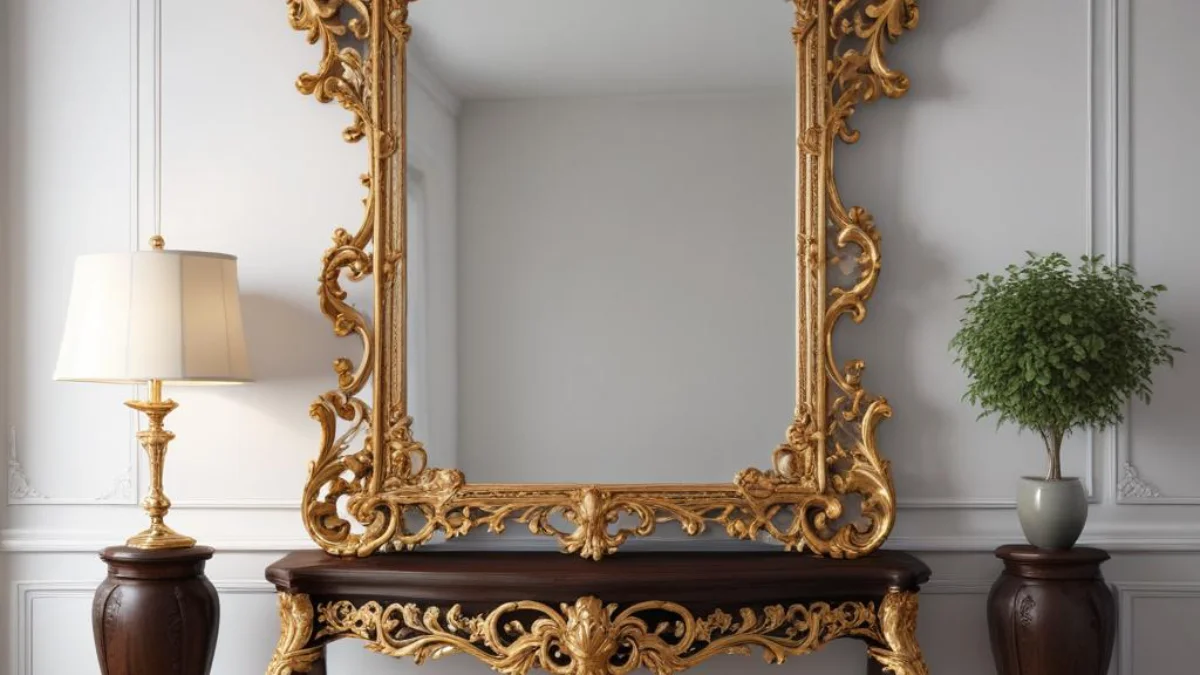 An ornate, gold-framed mirror with intricate scrollwork at the top and corners, leaning against a plain white wall above a dark wood console table.