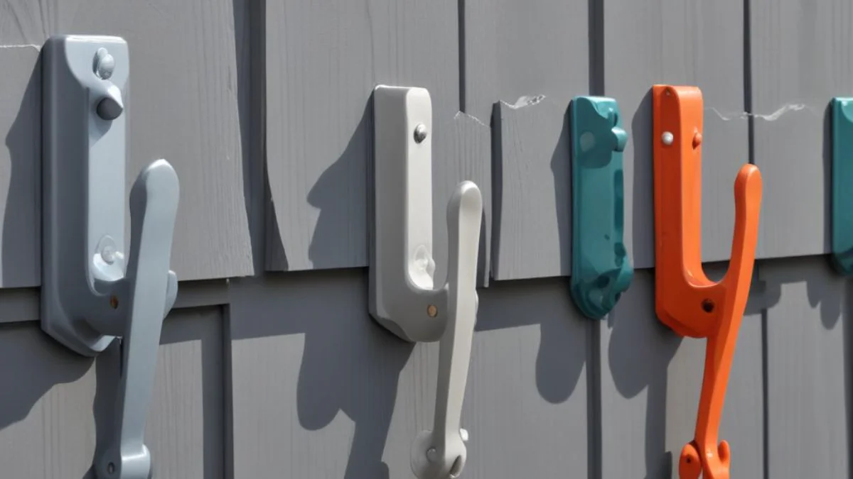 Vinyl siding hooks inserted into the seams of gray vertical siding for damage-free hanging.