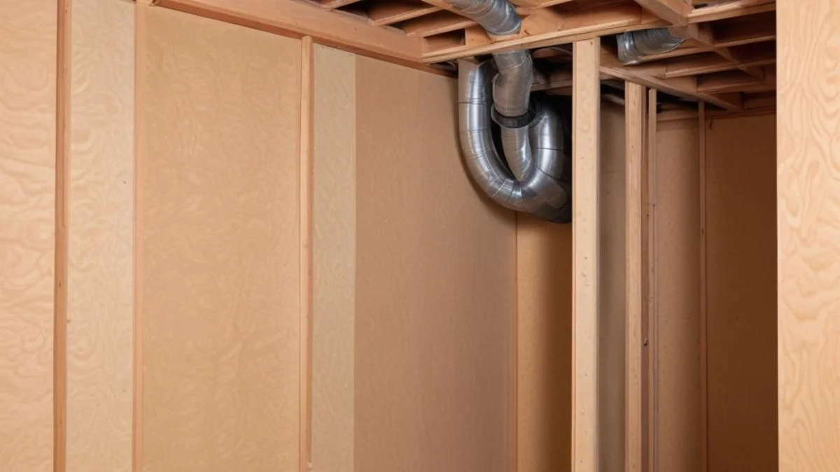 Flexible ductwork being routed through an open wall cavity between wooden studs.