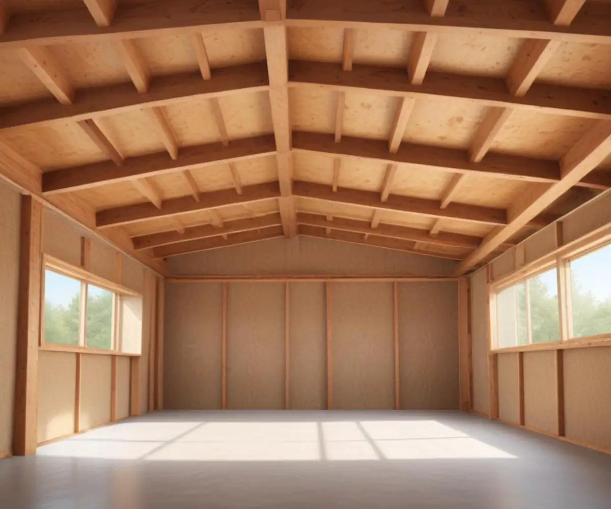 Exposed wooden ceiling joists in a garage with fiberglass batt insulation fitted between them.