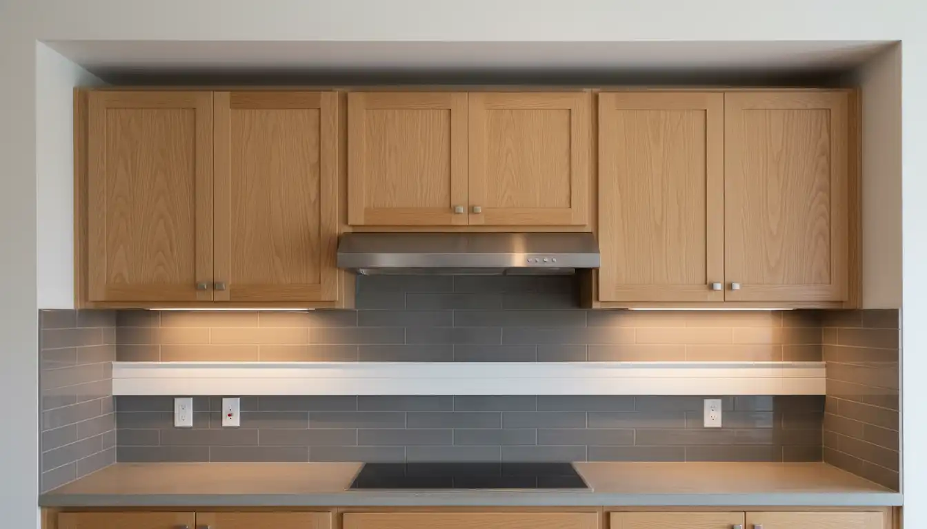 Newly installed upper kitchen cabinets mounted on a ledger board, creating a deliberate space between the cabinets and the back wall.