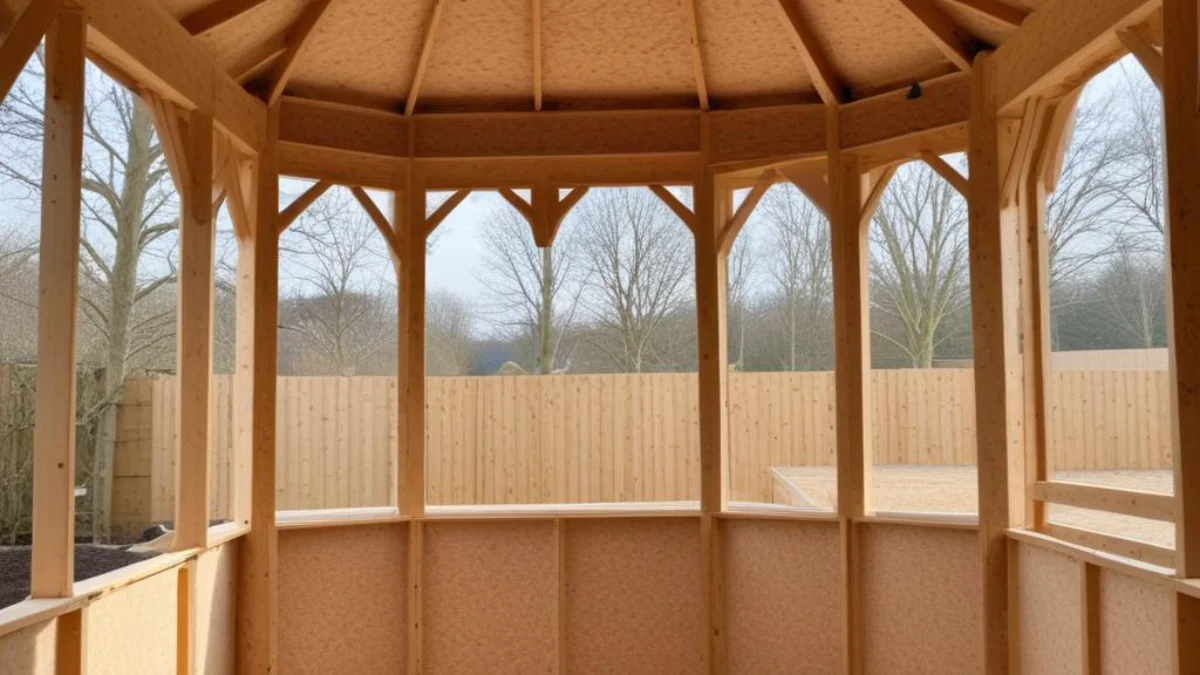 Wooden gazebo interior with rigid foam insulation panels fitted between the wall framing.