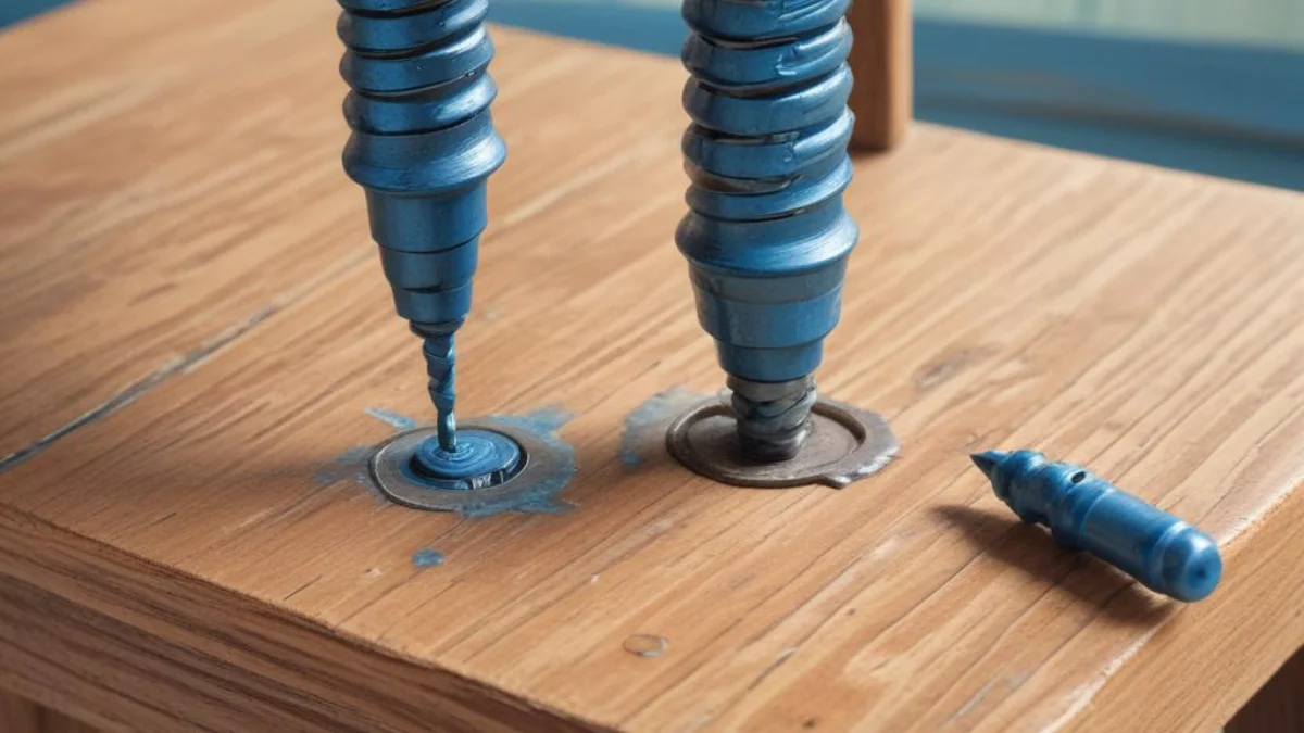 A close-up of a metal screw being inserted into the leg of a wooden chair with a bottle of blue threadlocker nearby.