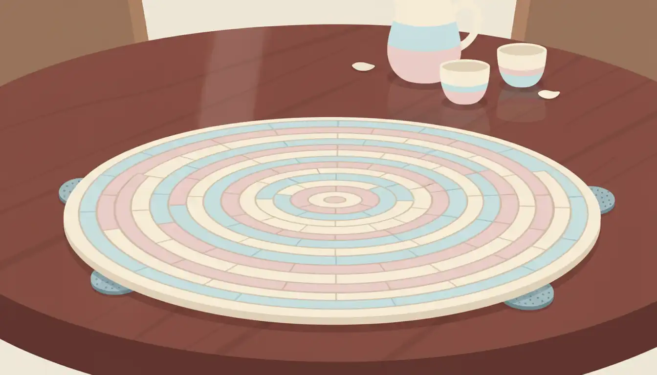 A woven, non-slip placemat placed securely on a dark, polished wood dining table.