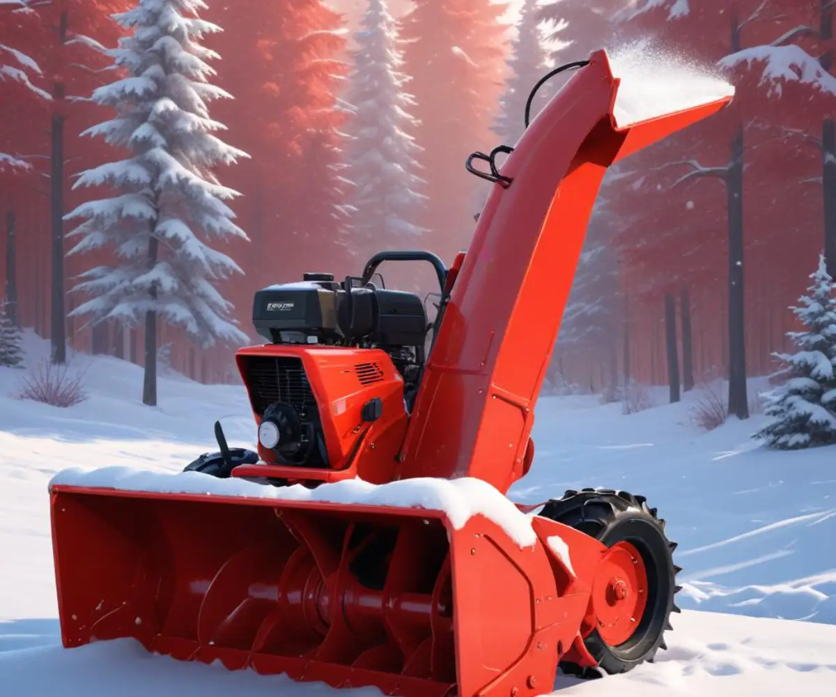 A red snowblower with ice and snow buildup on the auger and chute.