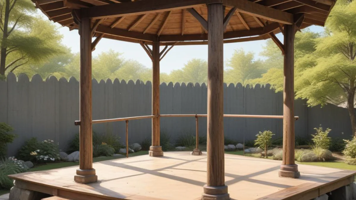 A gazebo frame with adjustable leveling posts being installed on a sloped concrete patio.