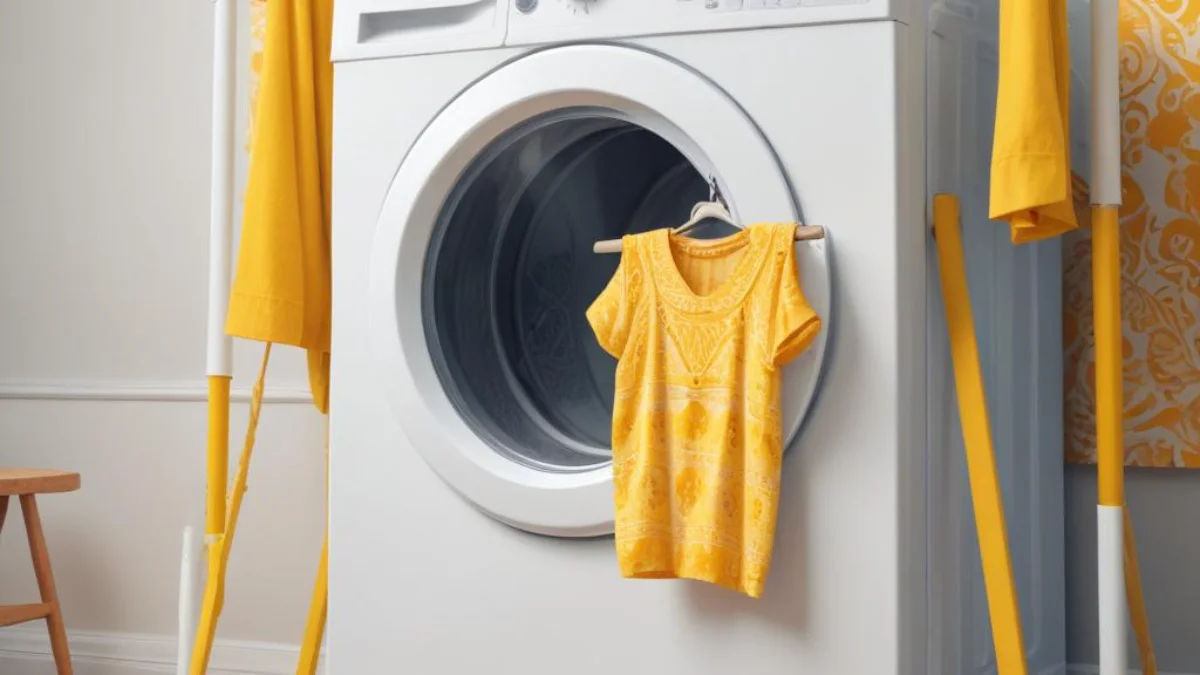 A moving dolly with yellow straps positioned securely around a white clothes dryer.