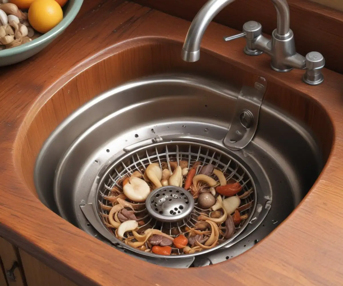 A stainless steel kitchen sink drain with a metal mesh strainer catching small food scraps.