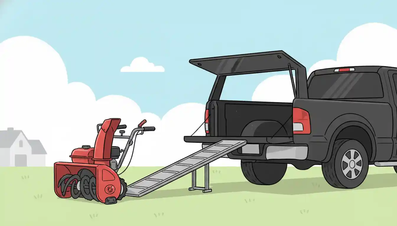 A red two-stage snowblower positioned at the end of a metal loading ramp leading up to the tailgate of a black pickup truck.