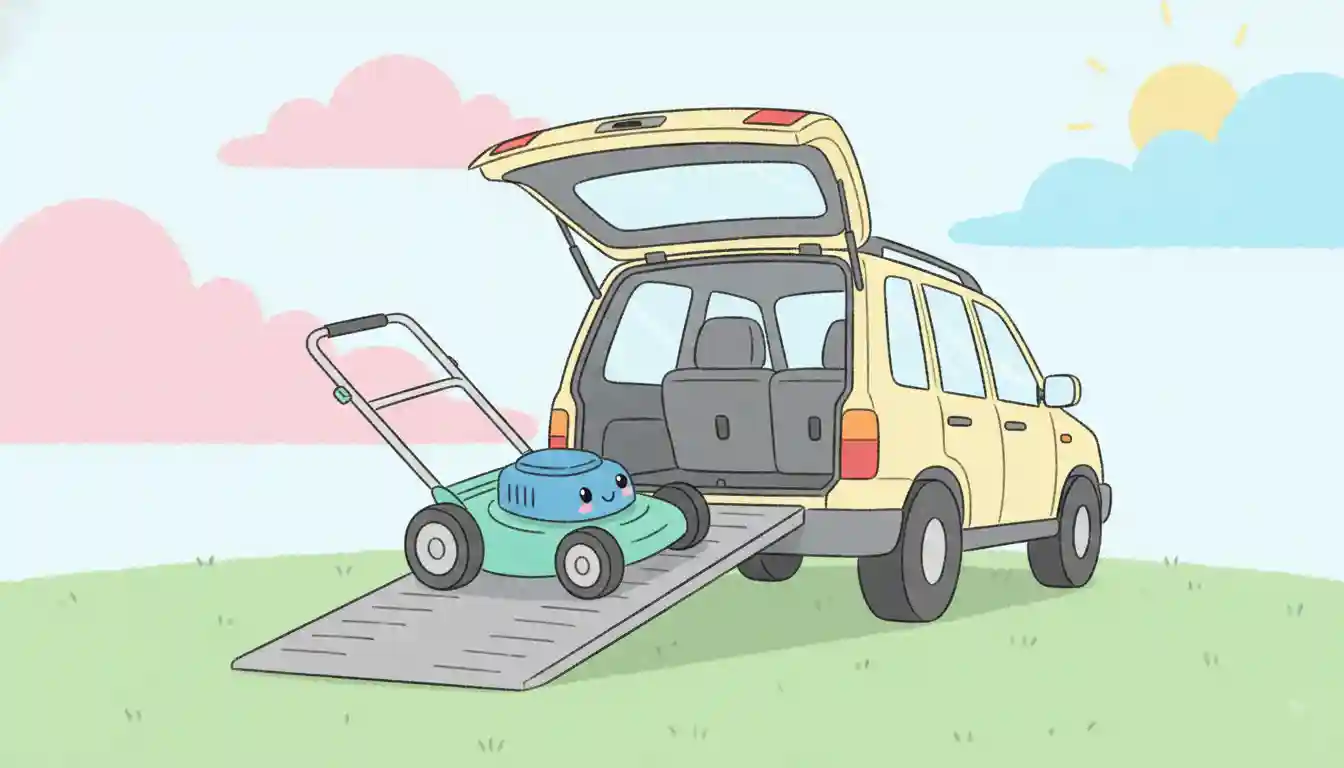 Push-style lawn mower positioned on a ramp leading into the open trunk of a sport utility vehicle.