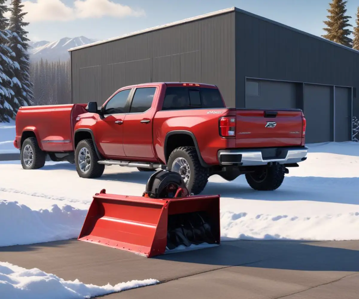 A red two-stage snowblower positioned on a metal ramp leading into the open tailgate of a black pickup truck.