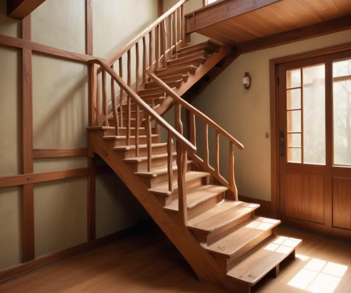 Interior wooden ramp with handrails connecting two different levels inside a modern split-level home.