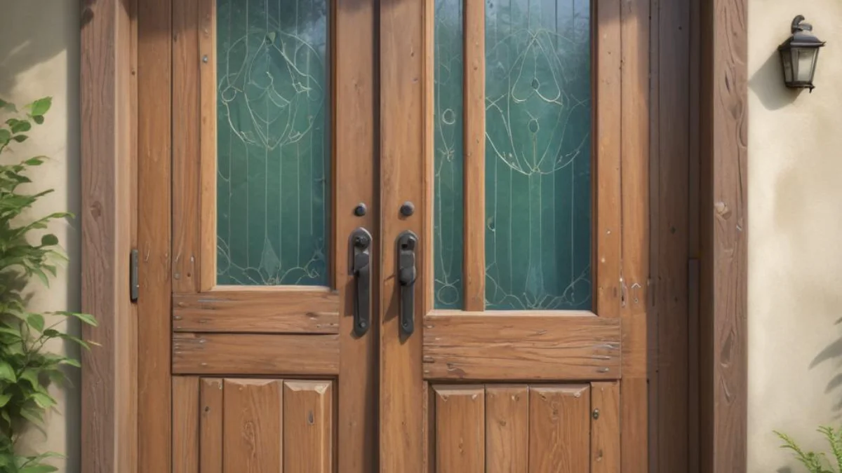 Two solid wood doors with painter's tape marking rectangular sections for glass panel installation, creating a DIY French door effect.