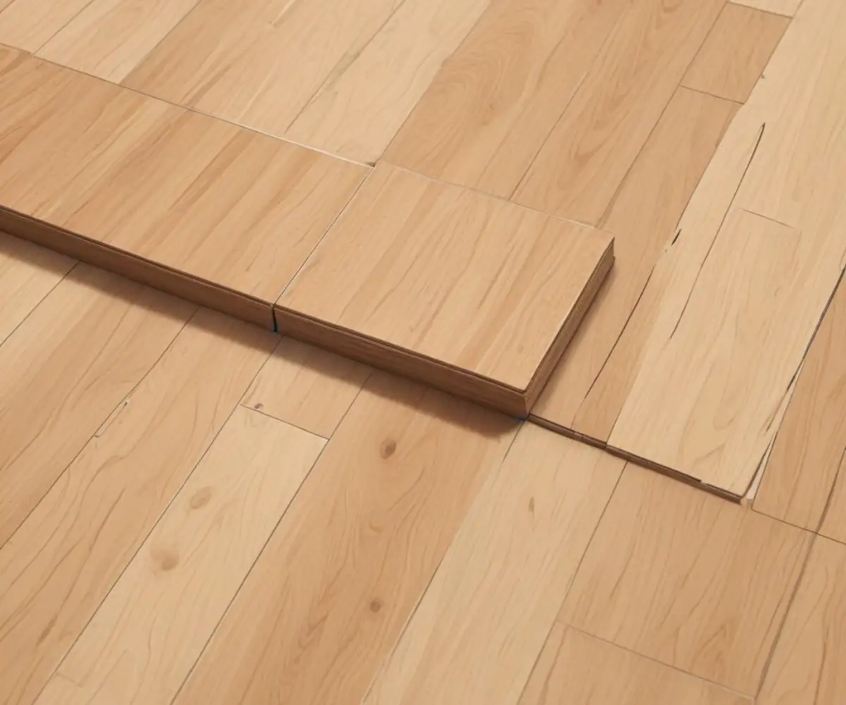 A close-up of two similar but different light wood-grain laminate flooring planks meeting at a seam on the floor.