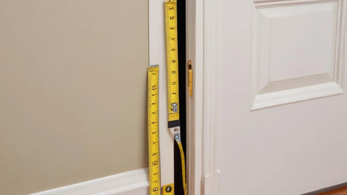 A measuring tape extended across a doorway, placed inside the door jamb to accurately measure the opening without touching the trim.