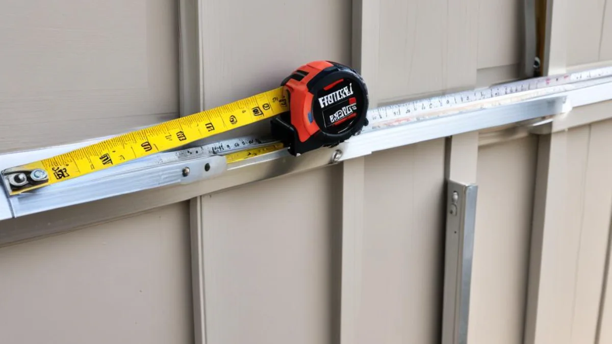 A metal tape measure extended along the toothed rubber belt of a garage door opener rail.