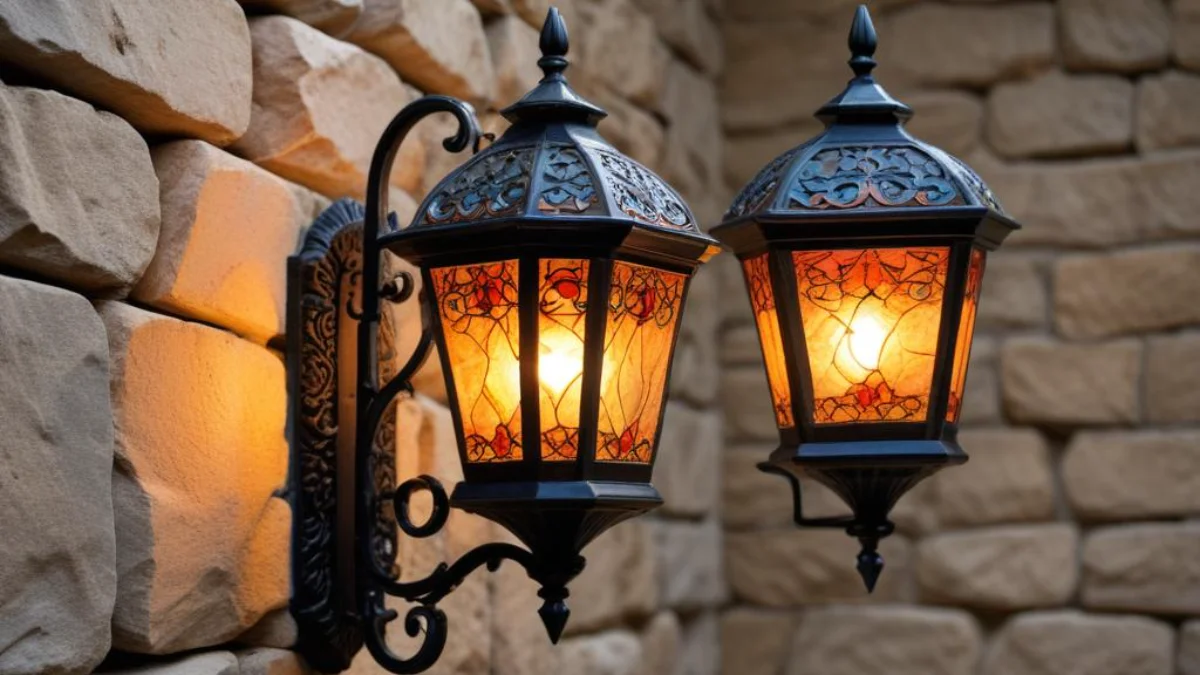 A black outdoor light fixture securely mounted on a rough, uneven stone wall.