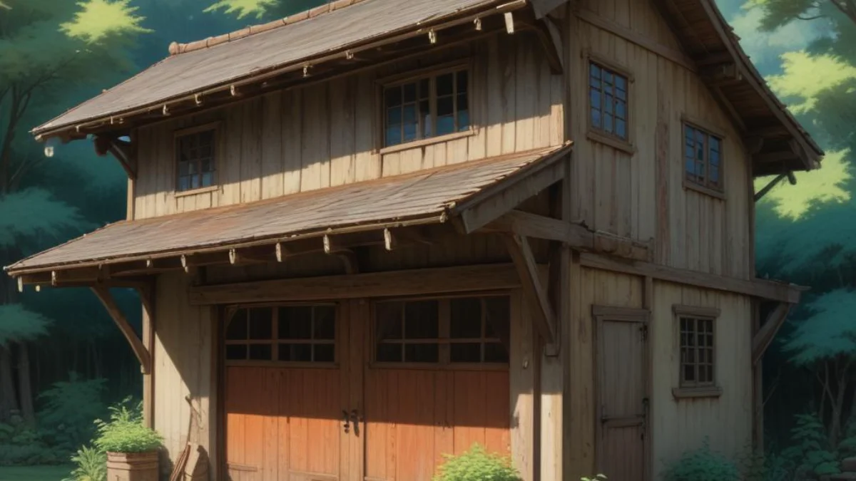 A detached garage raised on steel I-beams and wooden cribbing, prepared for relocation.