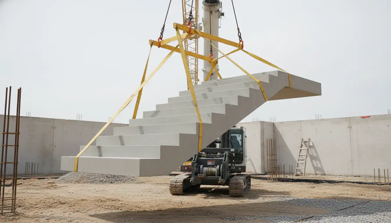 Precast concrete steps being lifted with moving straps and equipment.