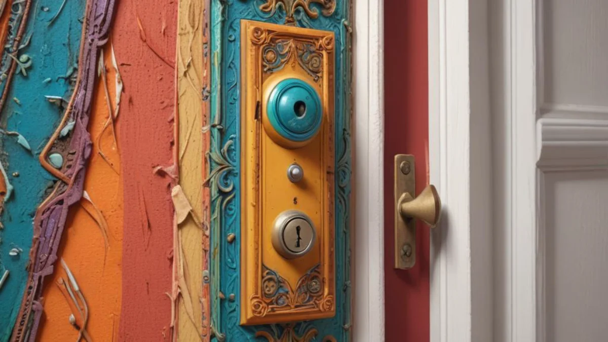 Low-voltage doorbell wires exposed from a hole in a wall next to a door jamb.