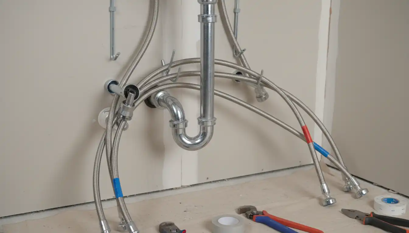Close-up of sink drain pipes and water supply lines being repositioned against a wall.