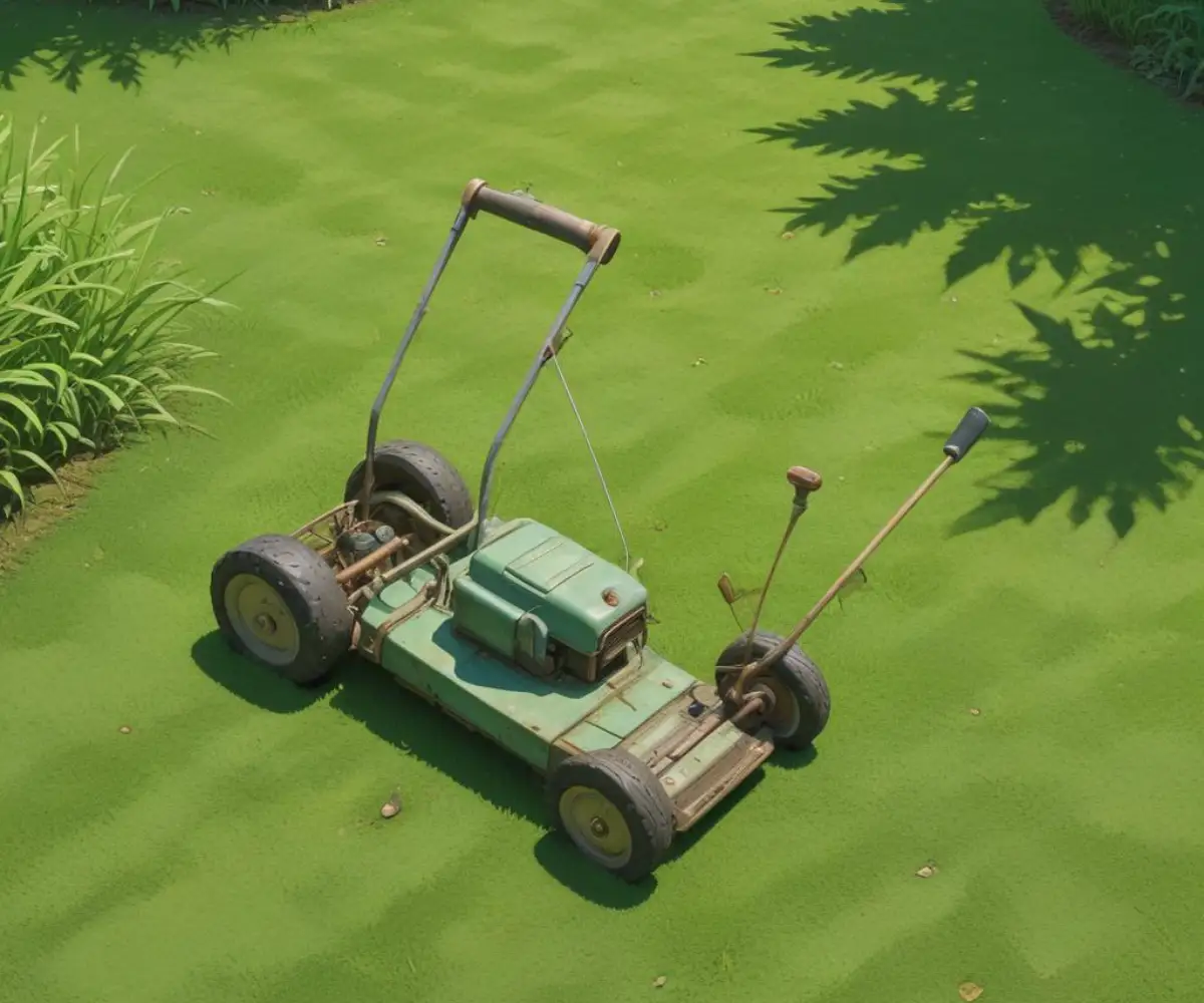 A neatly mown small green lawn with a manual reel mower