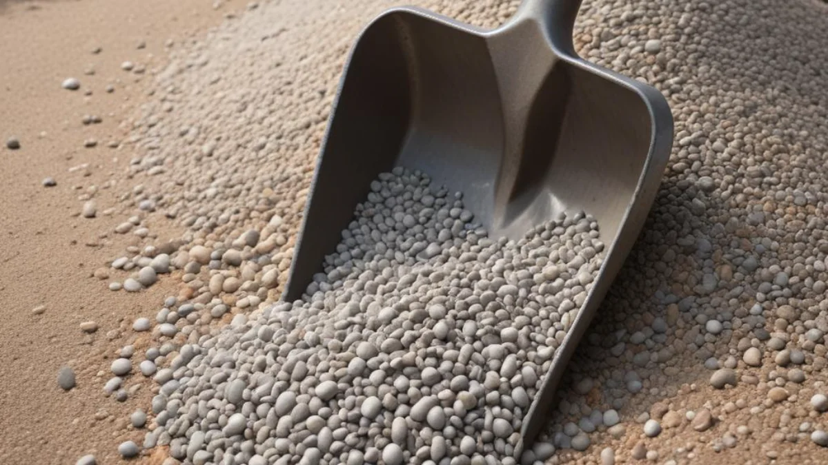 A metal shovel scooping up a pile of grey pea gravel.