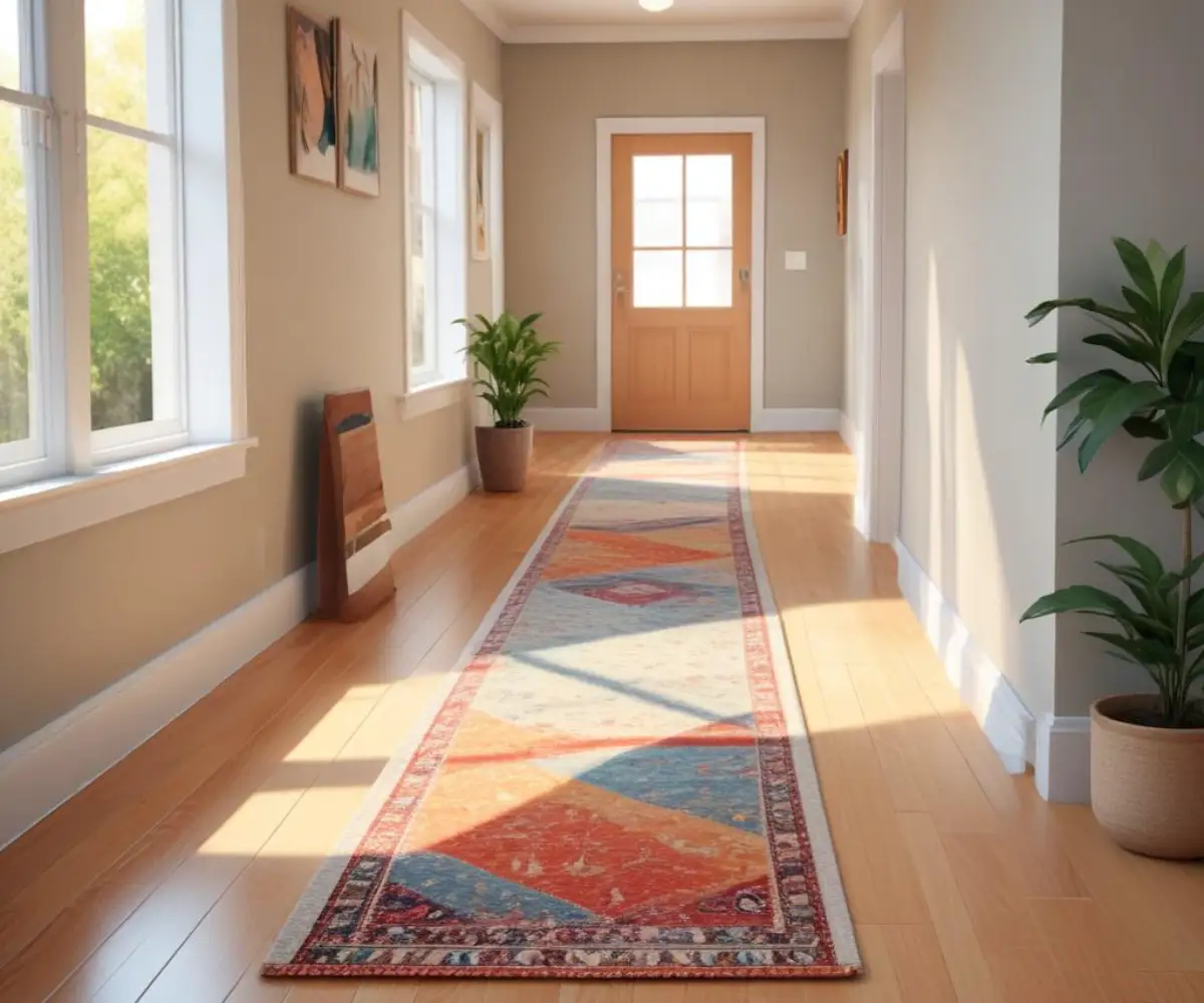 A long runner rug placed along the bend of a brightly lit, L-shaped hallway with light-colored walls and a wooden floor.