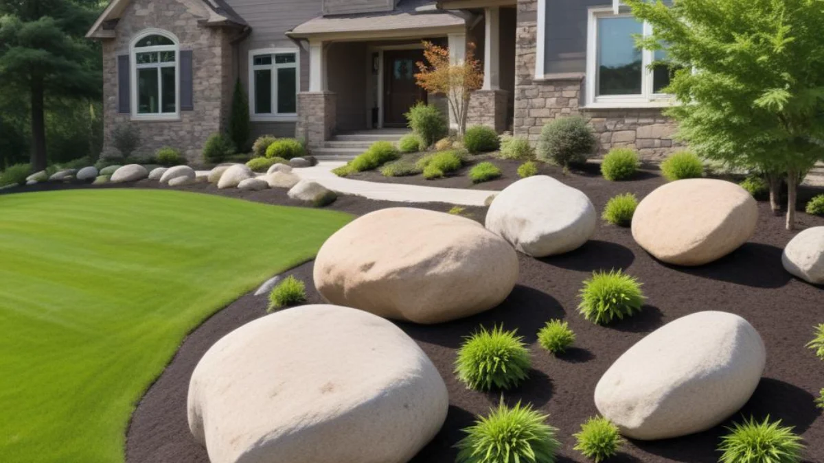 Large landscaping boulders strategically placed on a corner property to protect the house and yard from vehicle traffic.