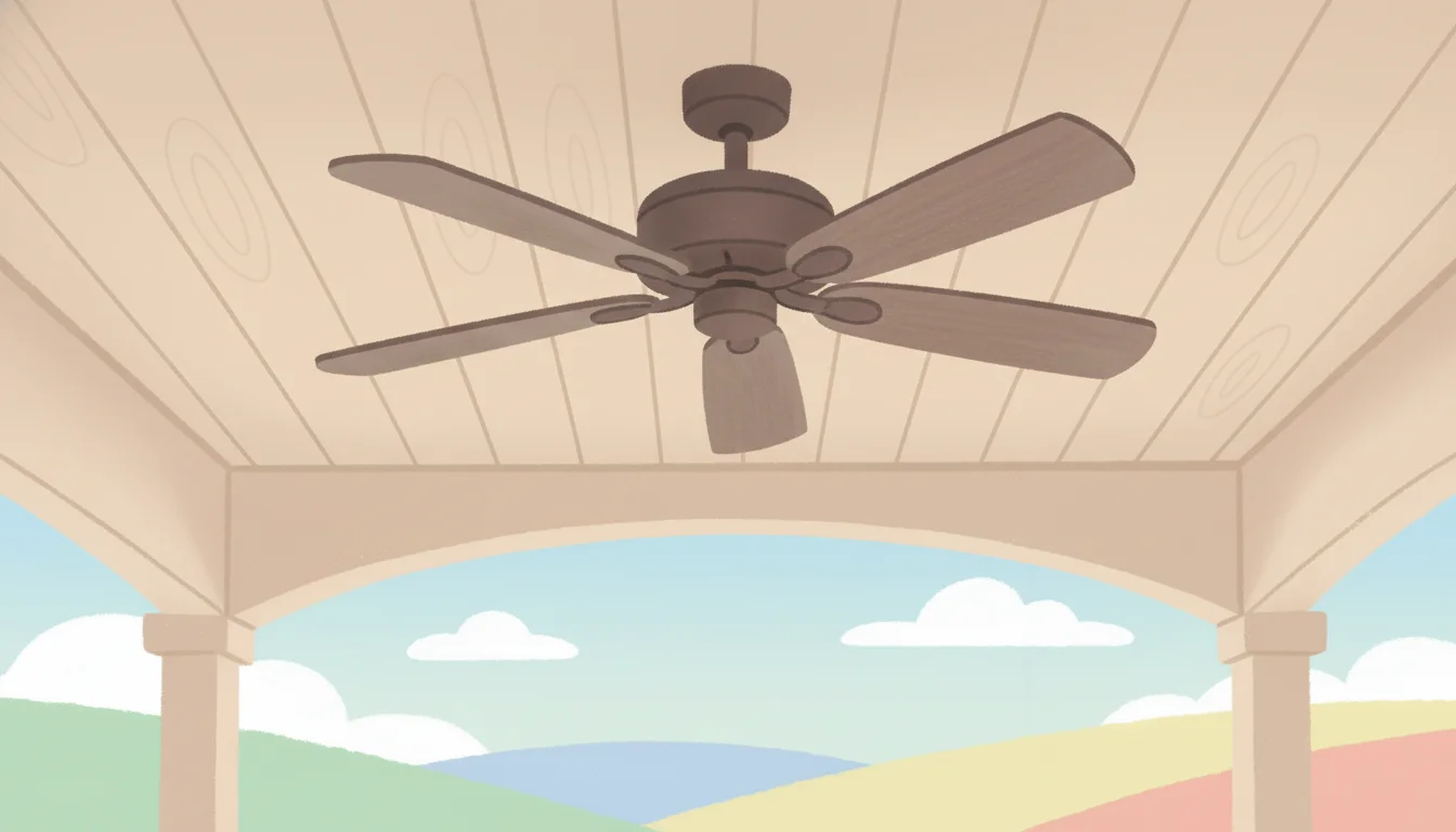 A dark bronze outdoor ceiling fan with five blades mounted on a covered wooden porch ceiling.