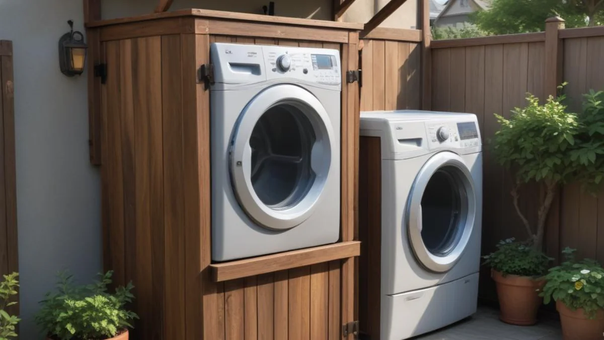 Durable, weatherproof cover custom-fitted to an outdoor washer and dryer set on a patio.