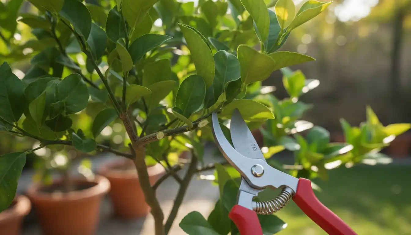 A small lemon tree with lush green leaves having a branch carefully cut with pruning shears.
