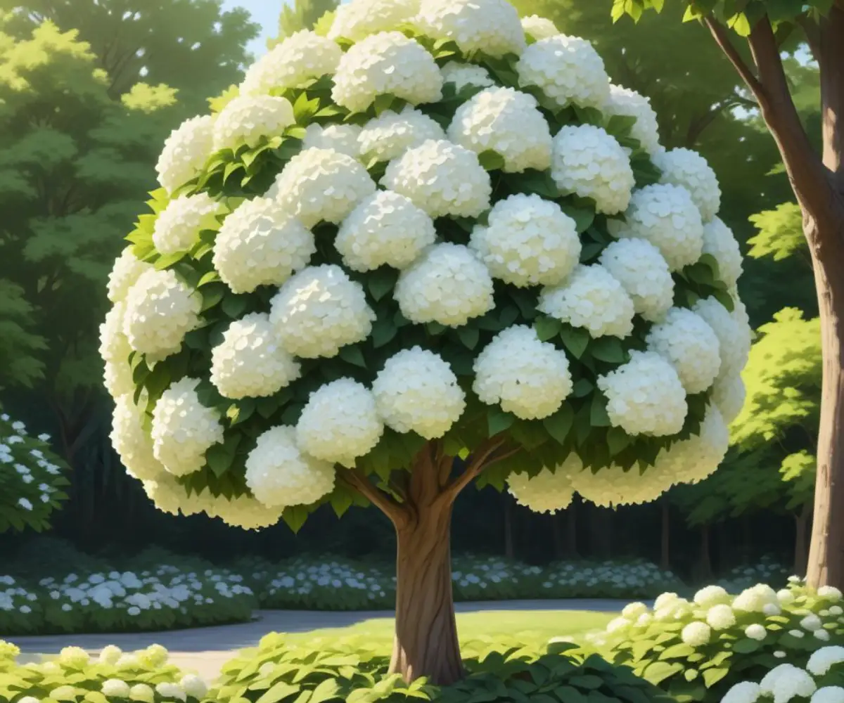 A limelight hydrangea pruned into a single-trunk tree form with large, cone-shaped white flower clusters.