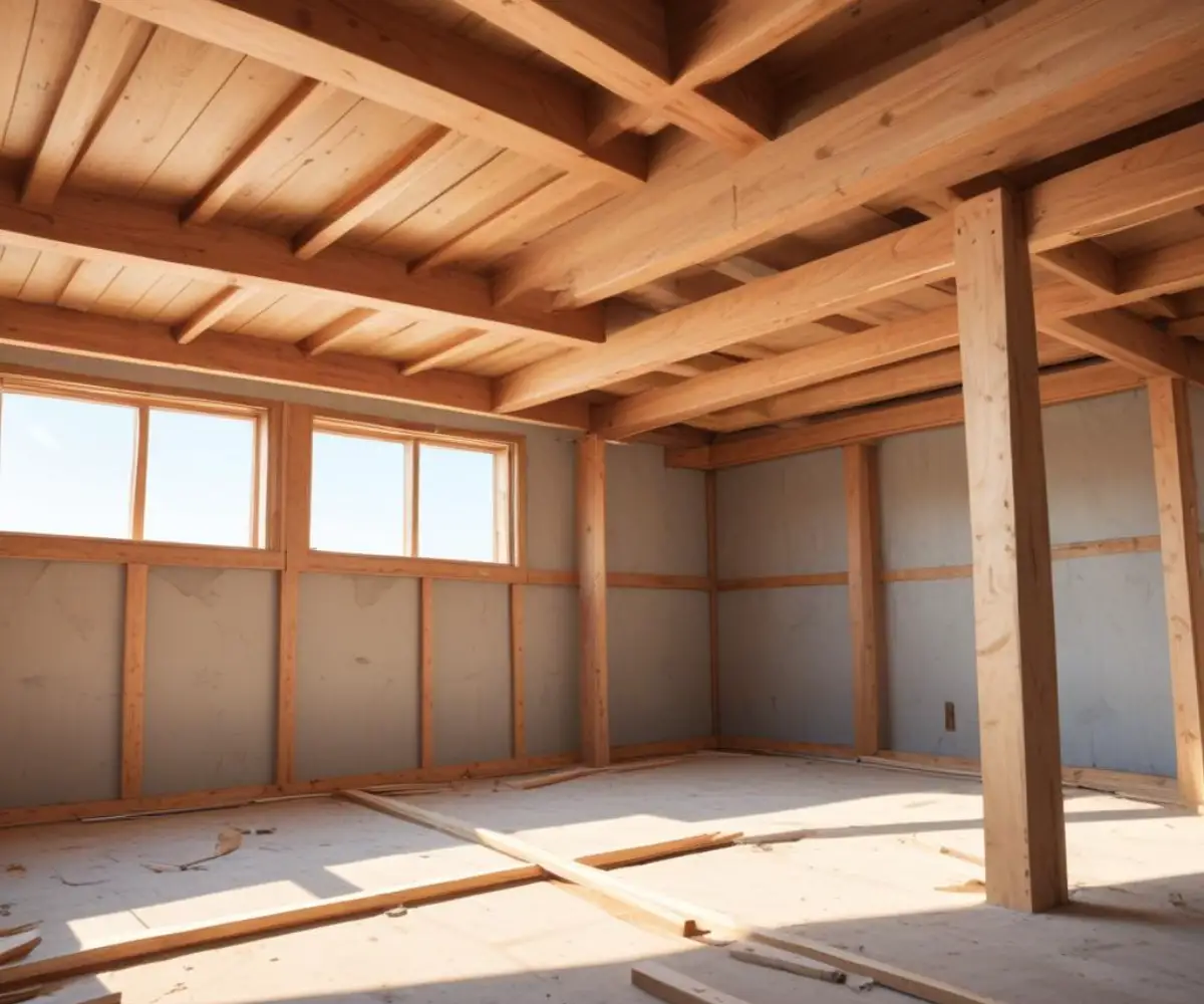 Exposed wooden ceiling joists and support beams in a room under construction.