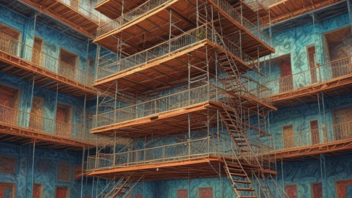 Multi-level rolling scaffolding positioned below a 20-foot ceiling in a large room.