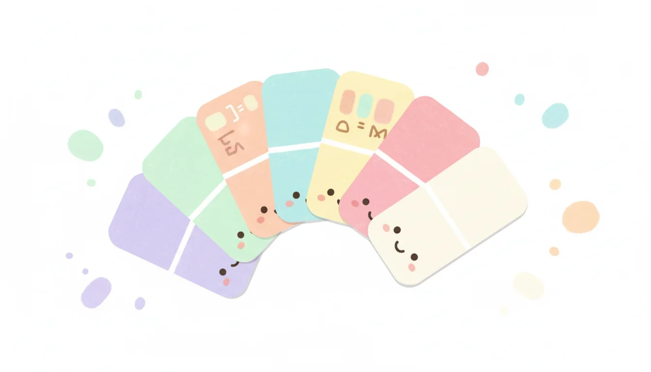 An assortment of colorful paint chip samples fanned out on a plain white background.