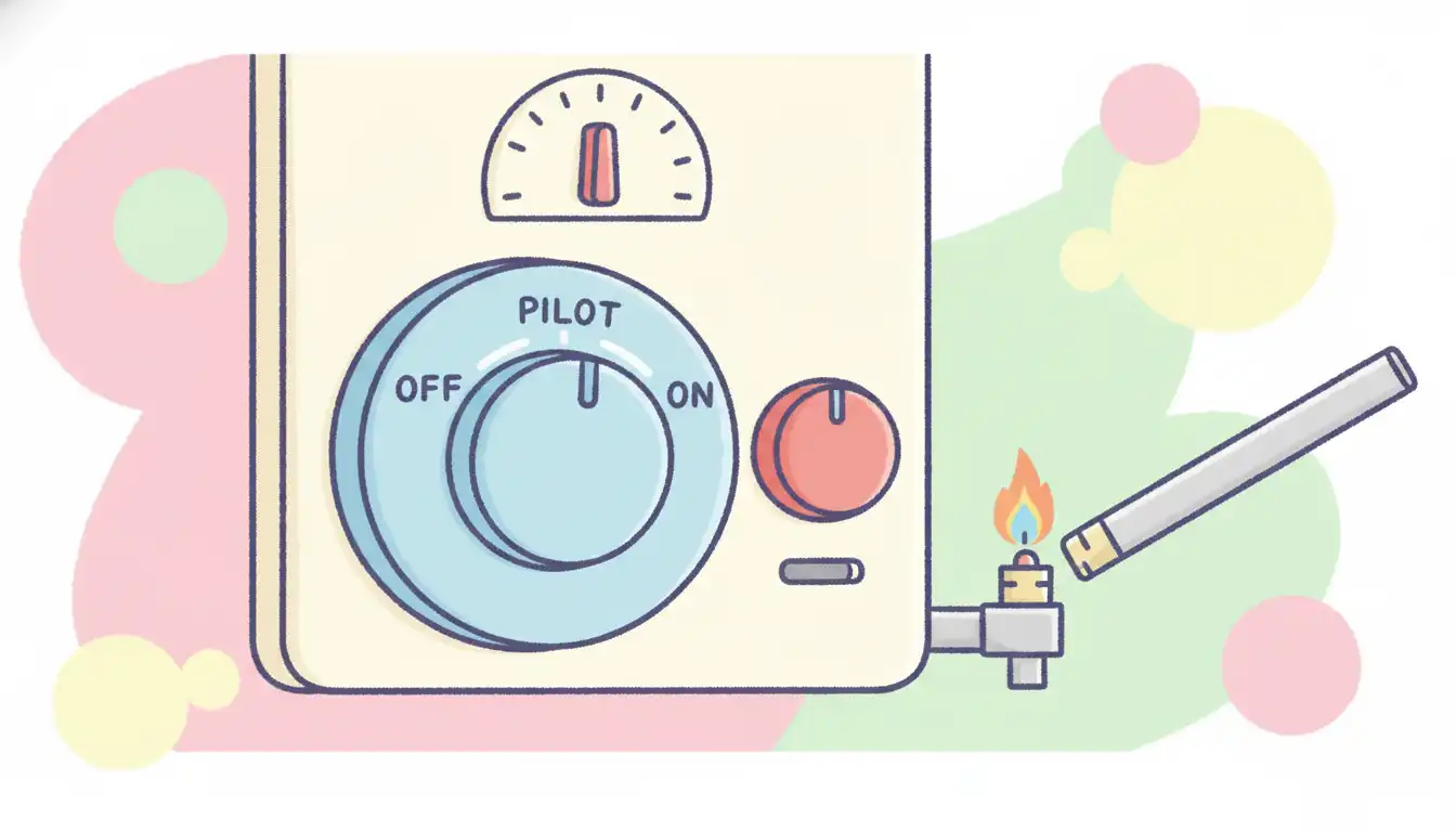 Close-up of a water heater's gas control valve, thermostat, and pilot light assembly.