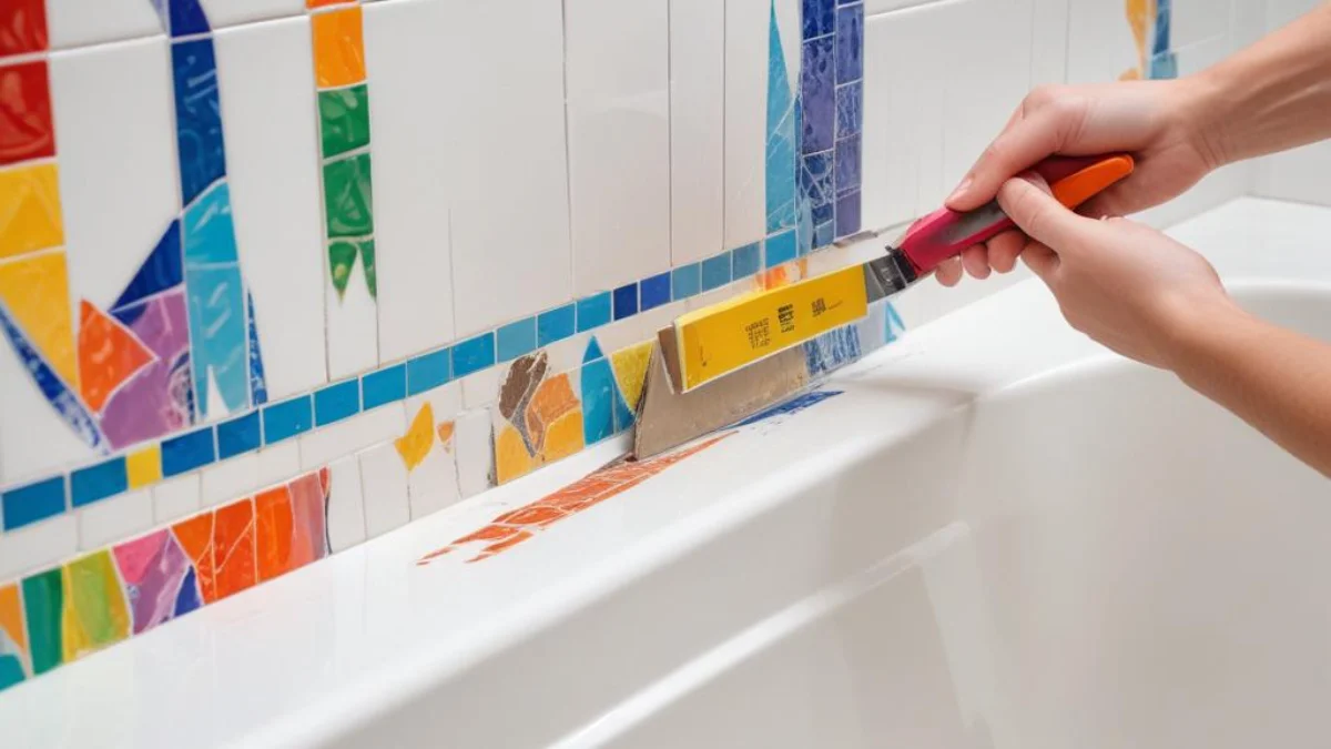 Utility knife carefully scoring the caulk line between a bathtub and pristine, white ceramic wall tiles.