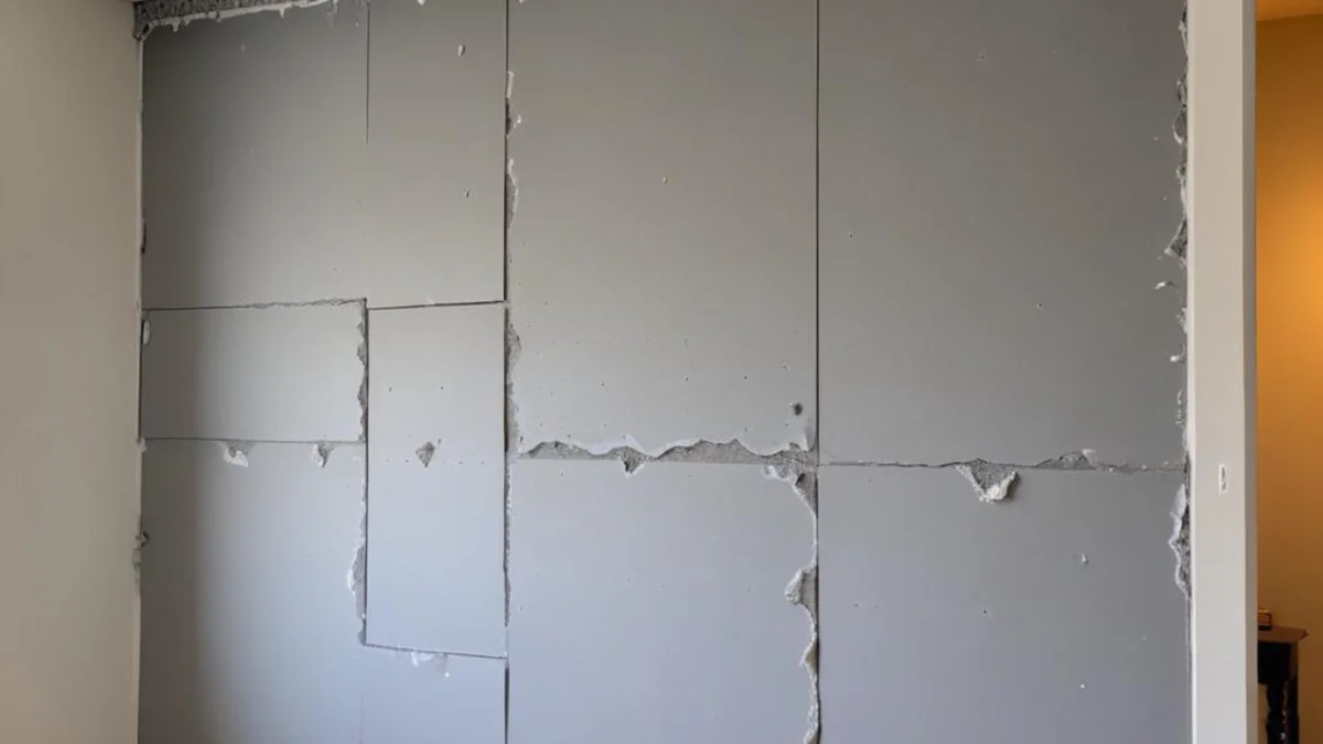 A wall with gray acoustic foam panels partially removed, showing residual adhesive and small tears in the drywall.