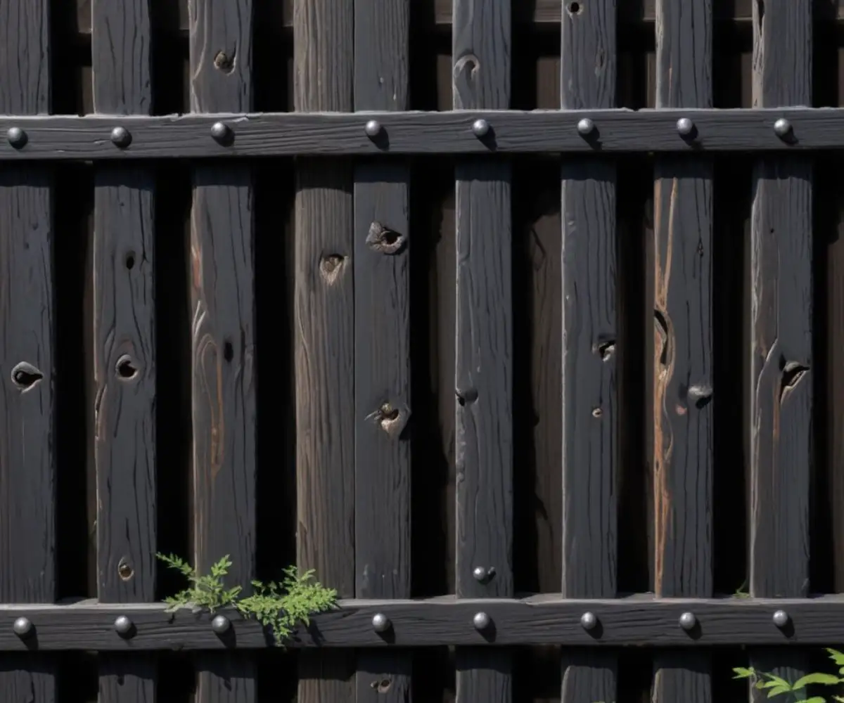 Section of a black aluminum fence with mounting brackets attached to a post.