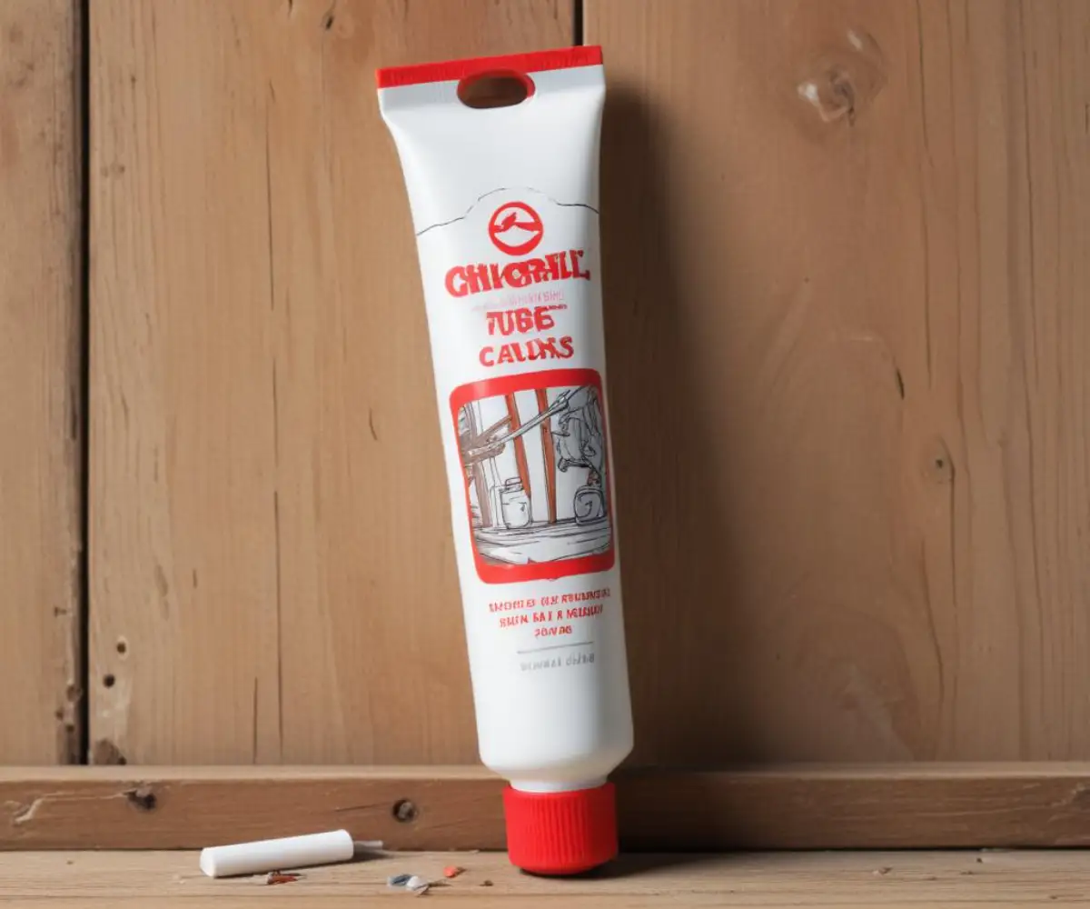 A white silicone caulk tube with a red cap resting on a wooden workbench.