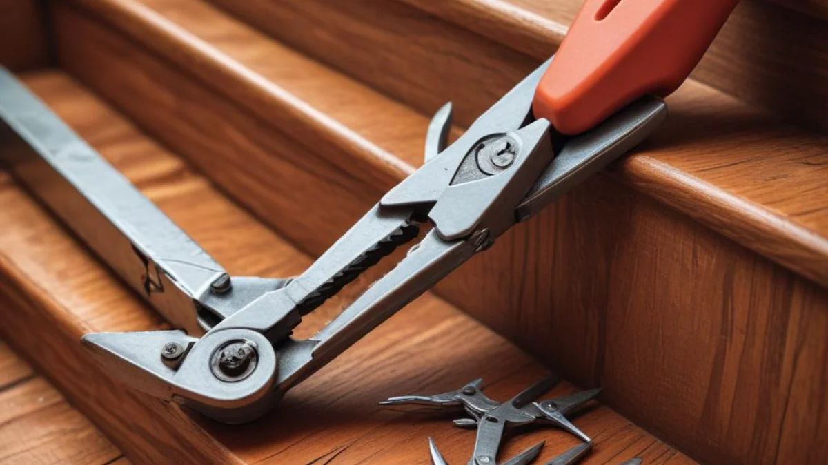 Close-up of pliers pulling a small metal staple from a wooden stair tread.