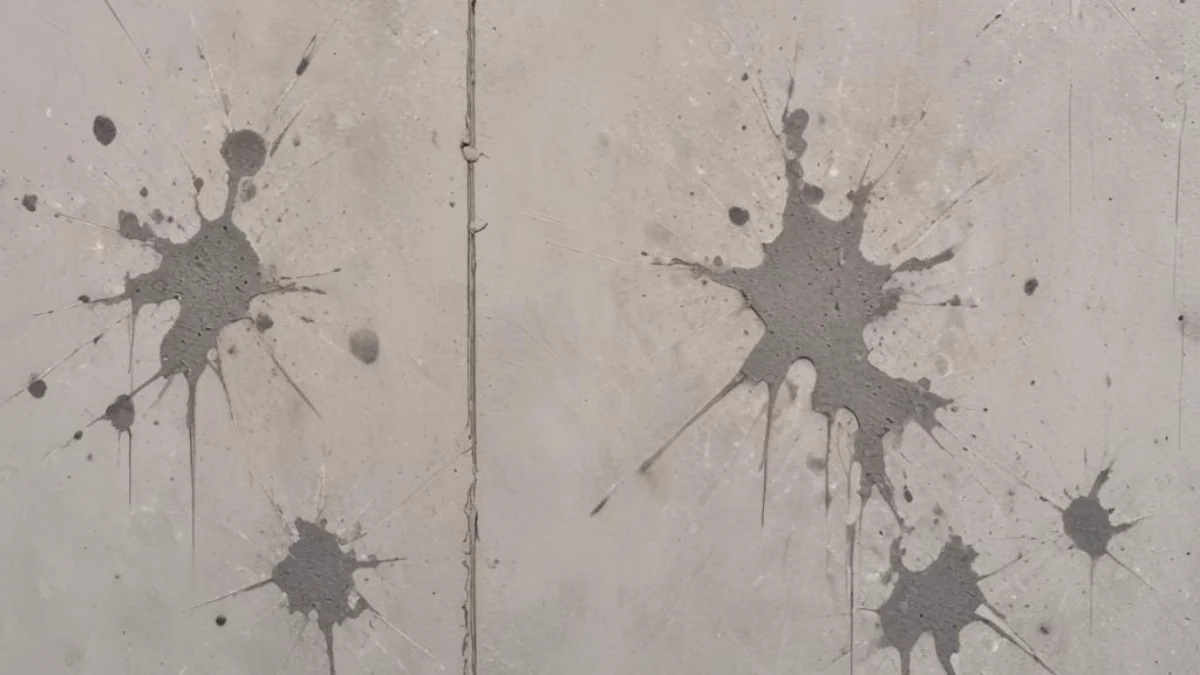 Close-up of dried, grey concrete splatter on a textured, light-colored Hardie board siding panel.