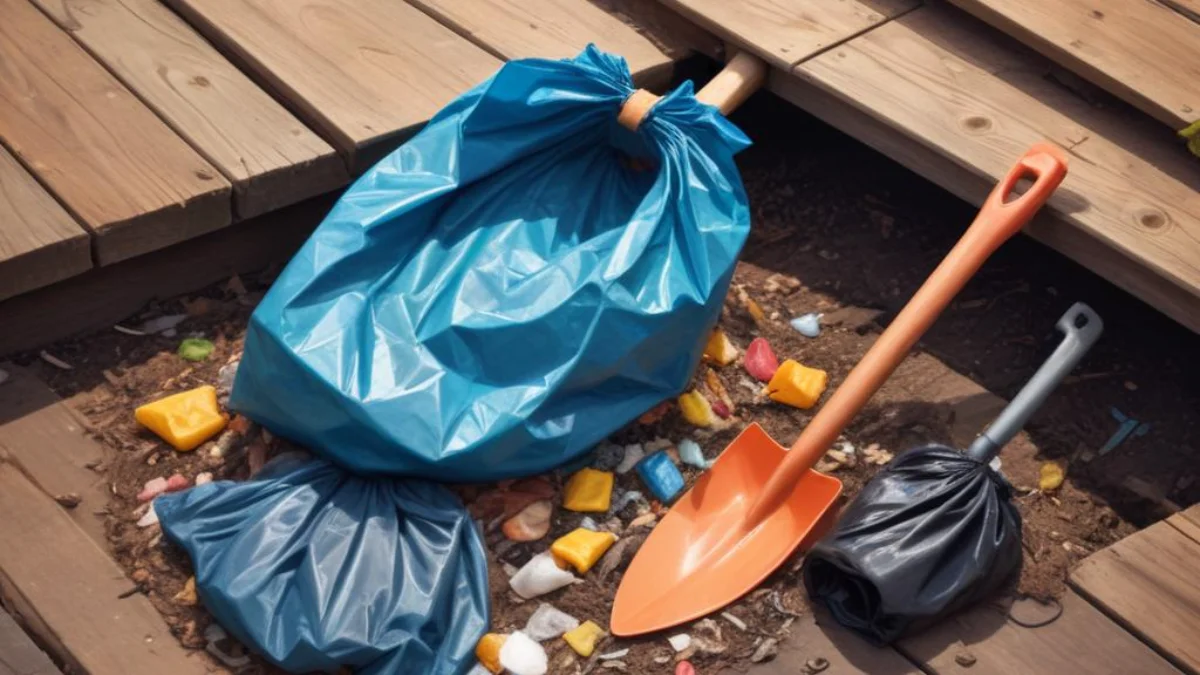 A small shovel and heavy-duty garbage bag on the ground underneath a low wooden deck.