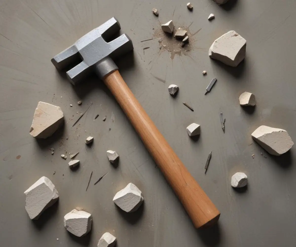 A metal chisel and hammer resting on a rough, gray concrete surface with small broken pieces scattered around.