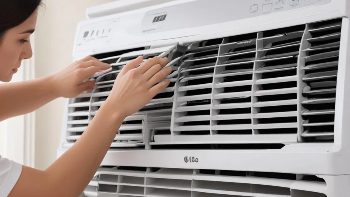 Front grill being unclipped and lifted away from the main body of an LG window air conditioner.
