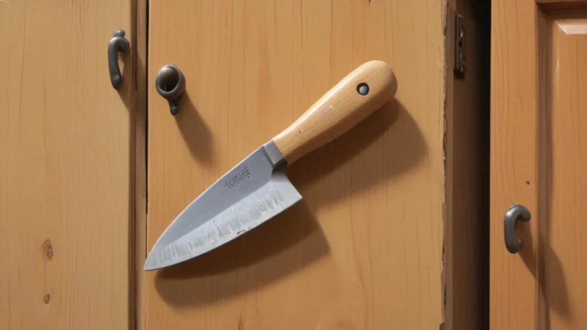 A putty knife carefully prying a stubborn, glued-on knob from a wooden kitchen cabinet.