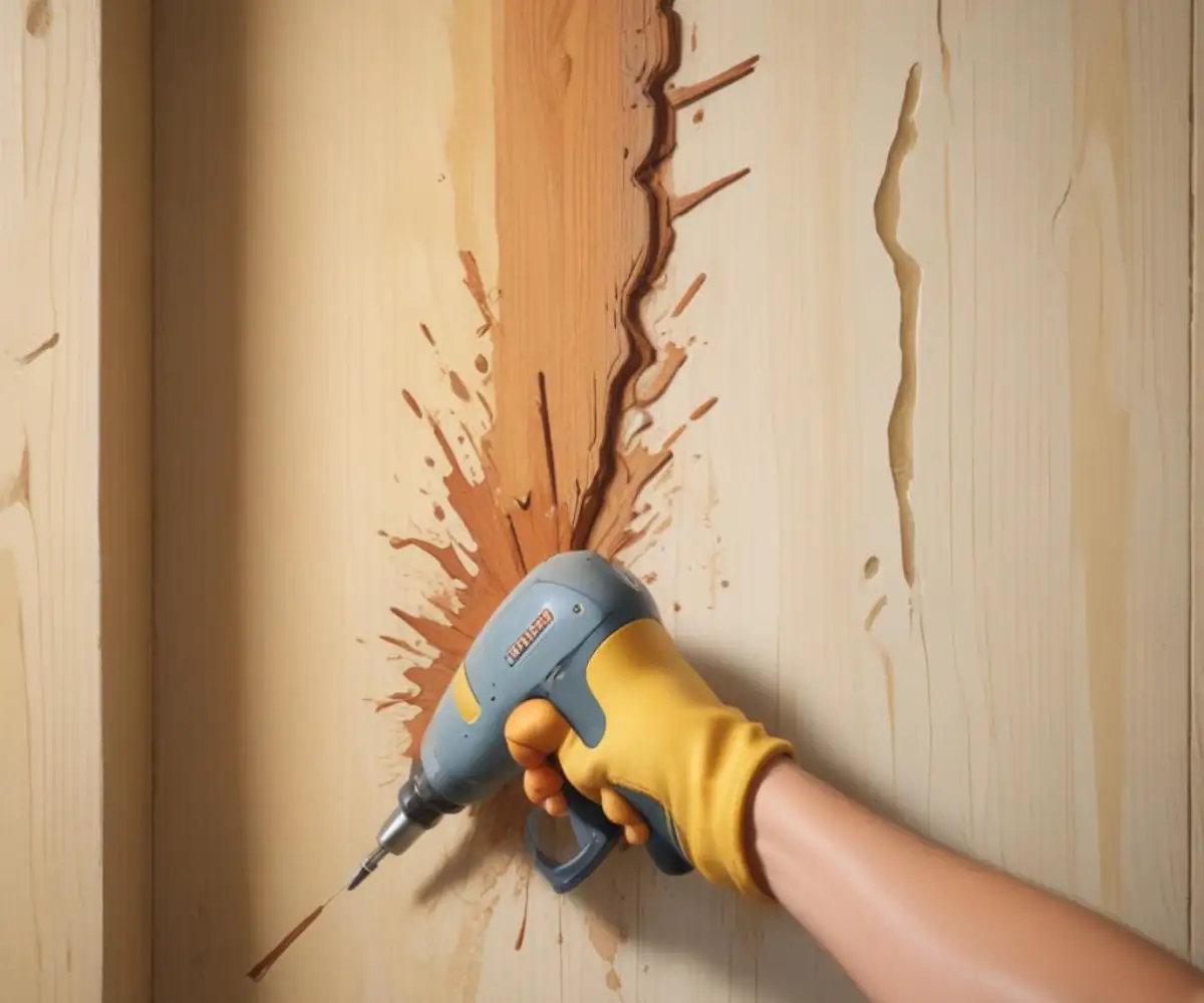A metal pry bar carefully separating a wooden decorative panel from a painted drywall surface.